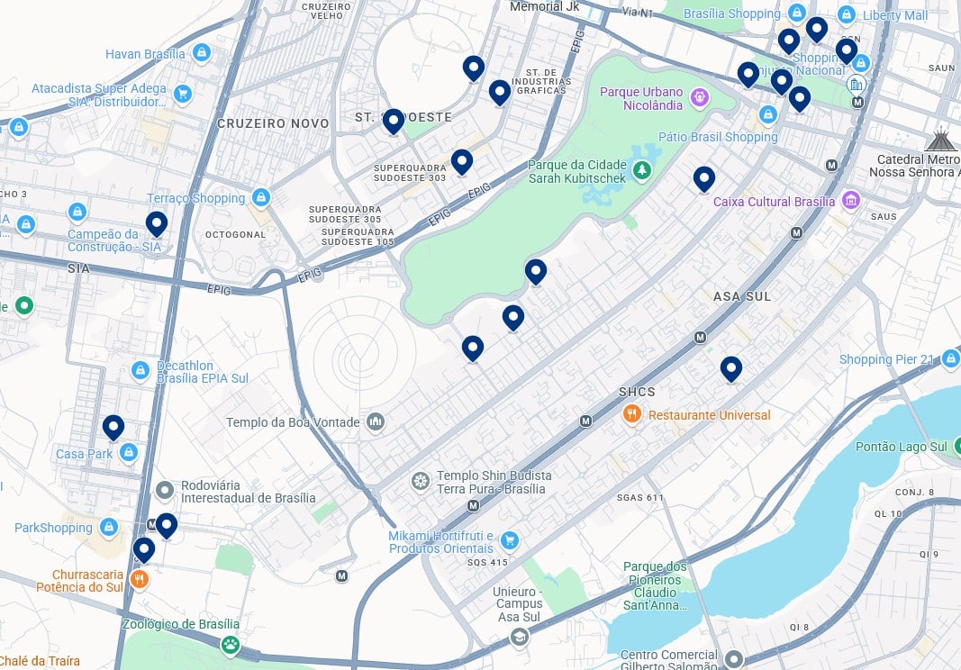 Accommodation in Brasília's South Wing - Click on the map to see all available hotels in this area