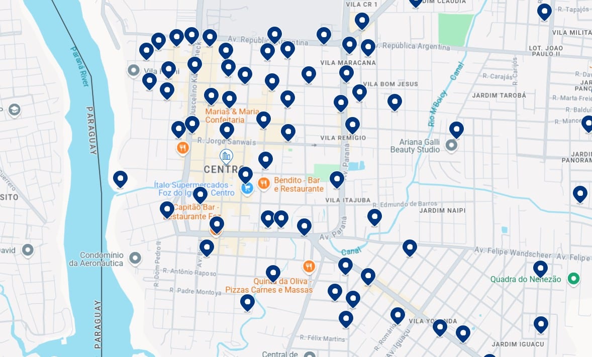 Accommodation in Downtown Foz do Iguaçu - Click on the map to see all available hotels in this area