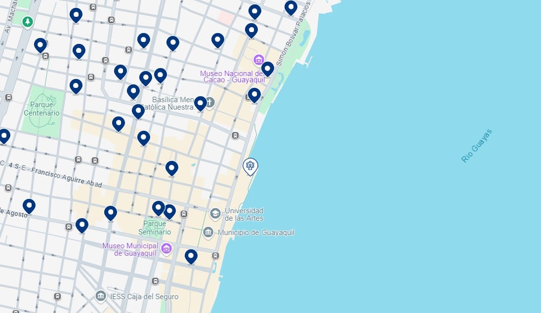 Accommodation in Guayaquil's Malecón area - Click on the map to see all available hotels in this area