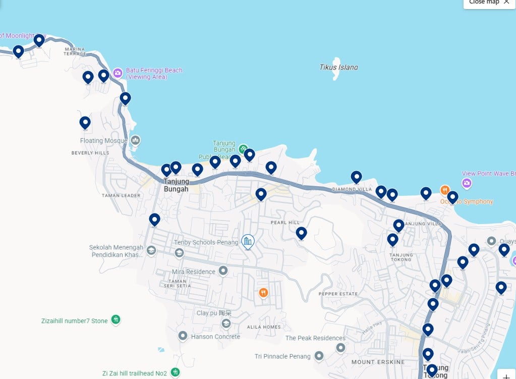 Accommodation in Tanjung Bungah - Click on the map to see all available hotels in this area